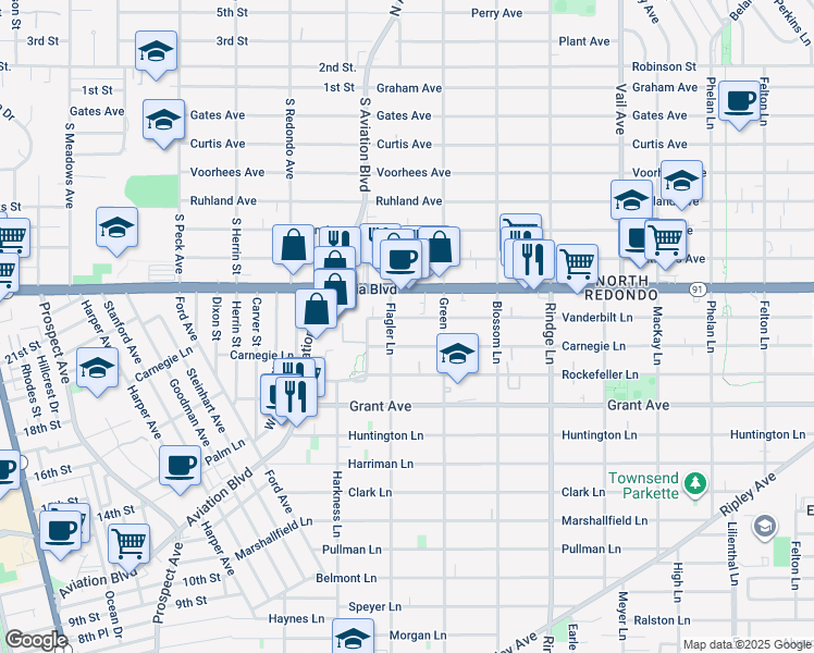 map of restaurants, bars, coffee shops, grocery stores, and more near 1906 Vanderbilt Lane in Redondo Beach