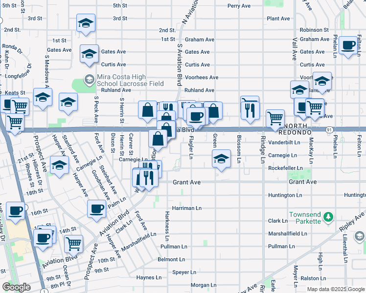 map of restaurants, bars, coffee shops, grocery stores, and more near 1801 Aviation Way in Redondo Beach