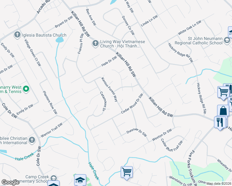 map of restaurants, bars, coffee shops, grocery stores, and more near 672 Kenion Forest Way in Lilburn