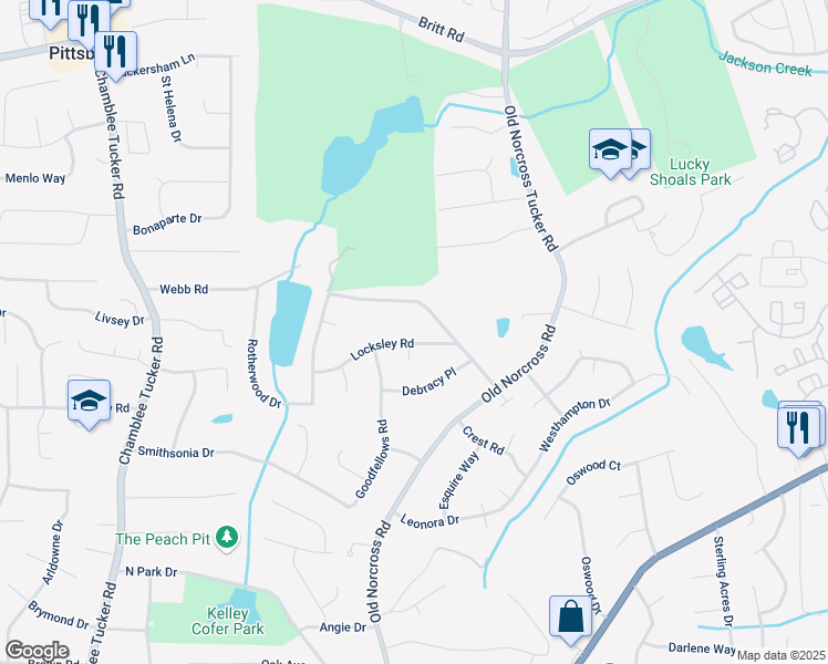 map of restaurants, bars, coffee shops, grocery stores, and more near 4436 Locksley Road in Tucker