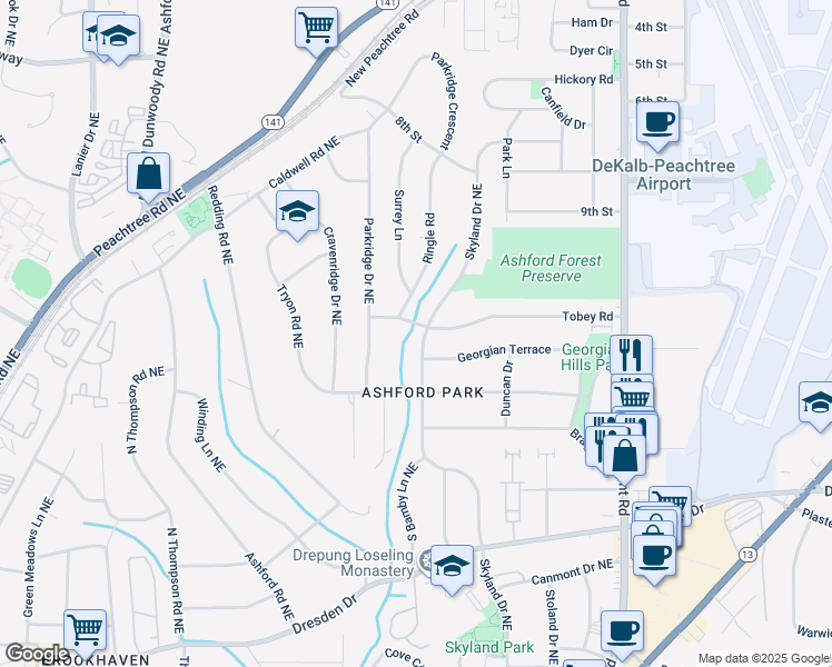 map of restaurants, bars, coffee shops, grocery stores, and more near 1739 Tobey Road in Chamblee