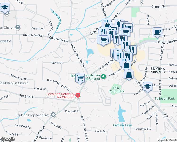 map of restaurants, bars, coffee shops, grocery stores, and more near 613 Concord Road Southeast in Smyrna