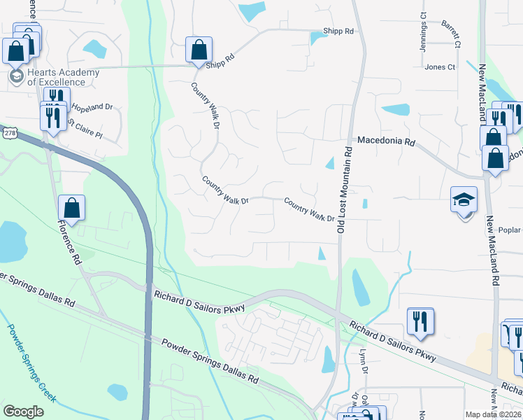 map of restaurants, bars, coffee shops, grocery stores, and more near 4654 Shallow Springs Court in Powder Springs