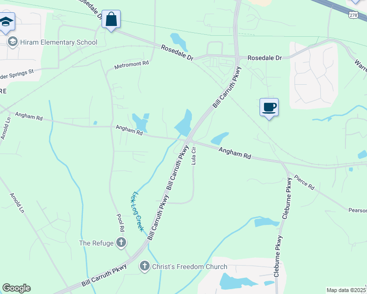 map of restaurants, bars, coffee shops, grocery stores, and more near Bill Carruth Parkway in Hiram