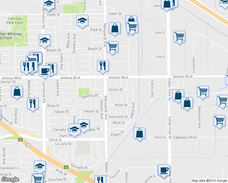 map of restaurants, bars, coffee shops, grocery stores, and more near 13832 Acoro Street in Cerritos