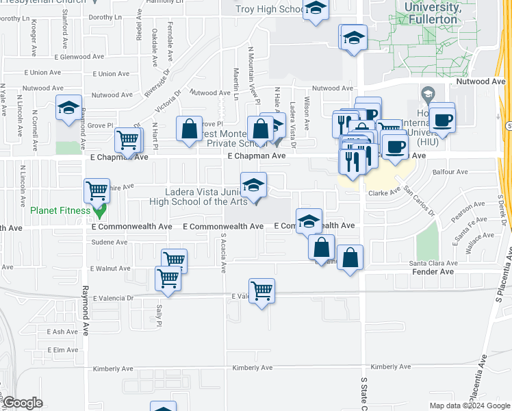 map of restaurants, bars, coffee shops, grocery stores, and more near 1700 East Wilshire Avenue in Fullerton