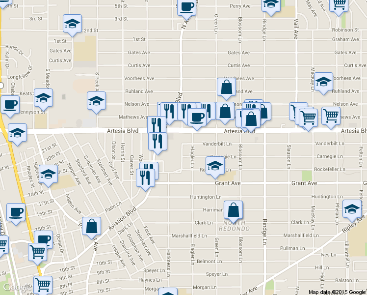 map of restaurants, bars, coffee shops, grocery stores, and more near 1802 Vanderbilt Lane in Redondo Beach