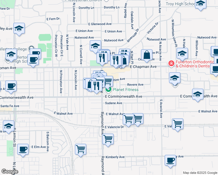 map of restaurants, bars, coffee shops, grocery stores, and more near 130 Raymond Avenue in Fullerton
