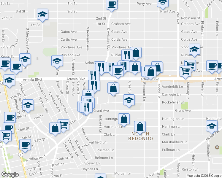 map of restaurants, bars, coffee shops, grocery stores, and more near 1804 Vanderbilt Lane in Redondo Beach