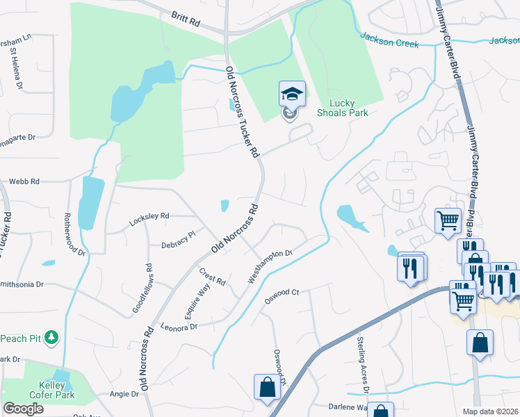map of restaurants, bars, coffee shops, grocery stores, and more near 2937 Old Norcross Road in Tucker