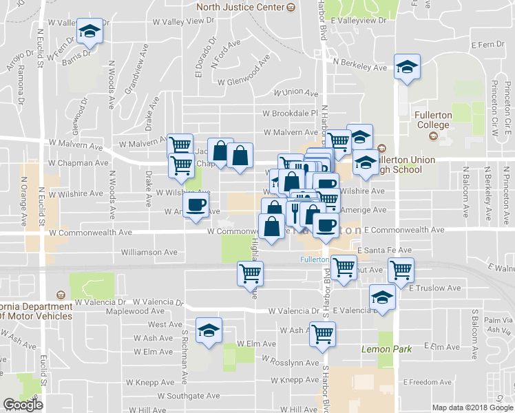 map of restaurants, bars, coffee shops, grocery stores, and more near 202 North Highland Avenue in Fullerton