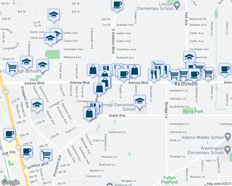 map of restaurants, bars, coffee shops, grocery stores, and more near 1804 Vanderbilt Lane in Redondo Beach