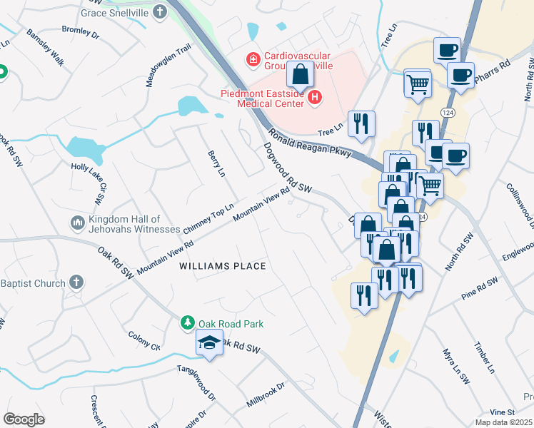 map of restaurants, bars, coffee shops, grocery stores, and more near 1815 Pennistone Way in Snellville