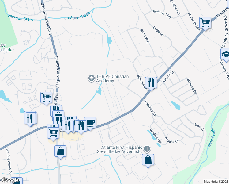 map of restaurants, bars, coffee shops, grocery stores, and more near 6115 Colston Lane in Tucker