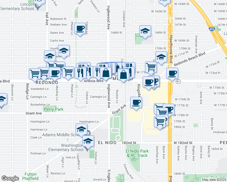 map of restaurants, bars, coffee shops, grocery stores, and more near 2718 Vanderbilt Lane in Redondo Beach