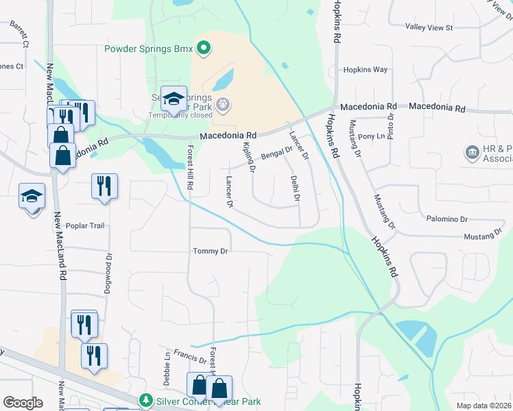 map of restaurants, bars, coffee shops, grocery stores, and more near 3170 Kipling Drive in Powder Springs