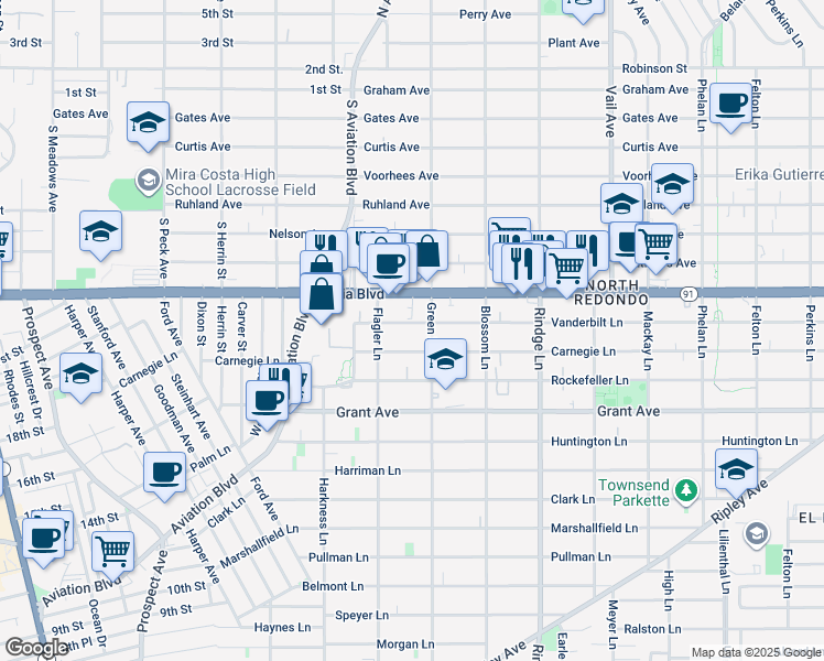 map of restaurants, bars, coffee shops, grocery stores, and more near 1914 Vanderbilt Lane in Redondo Beach