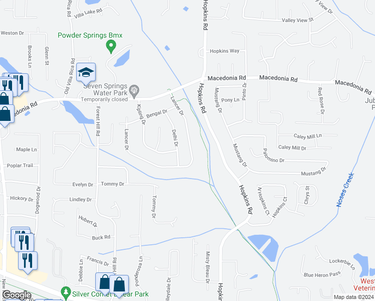 map of restaurants, bars, coffee shops, grocery stores, and more near 3202 Lancer Drive in Powder Springs