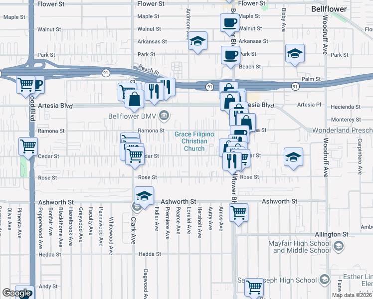 map of restaurants, bars, coffee shops, grocery stores, and more near 17647 Ardmore Avenue in Bellflower