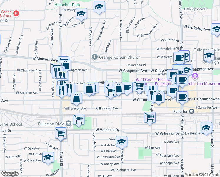 map of restaurants, bars, coffee shops, grocery stores, and more near 539 West Amerige Avenue in Fullerton