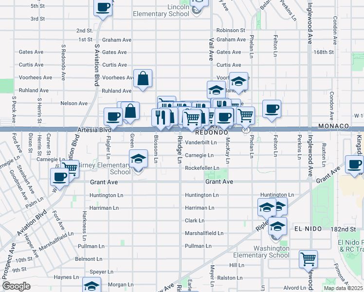 map of restaurants, bars, coffee shops, grocery stores, and more near 2200 Vanderbilt Lane in Redondo Beach