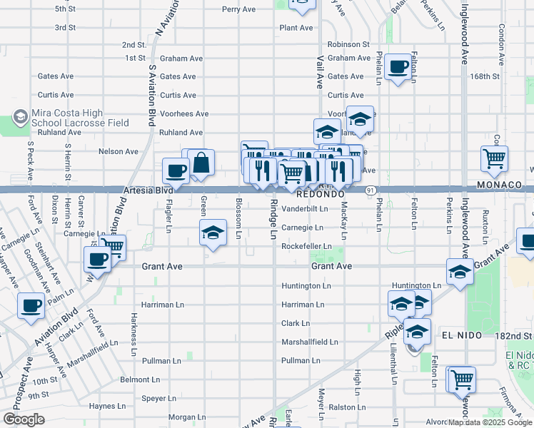 map of restaurants, bars, coffee shops, grocery stores, and more near 2118 Vanderbilt Lane in Redondo Beach