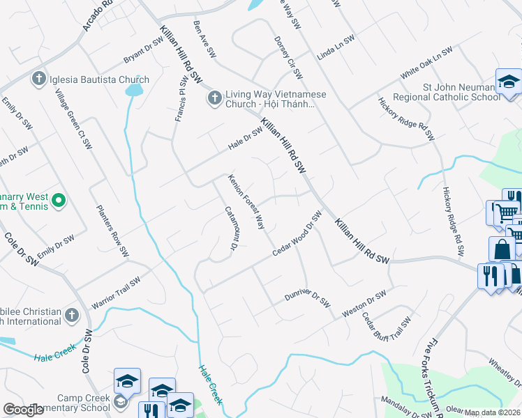 map of restaurants, bars, coffee shops, grocery stores, and more near 672 Kenion Forest Way in Lilburn