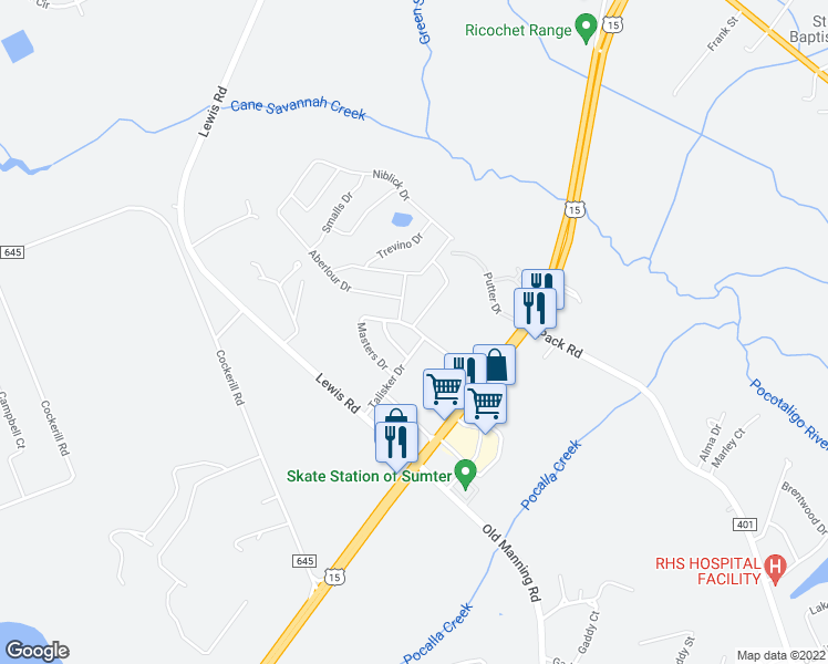 map of restaurants, bars, coffee shops, grocery stores, and more near 100 Masters Drive in Sumter