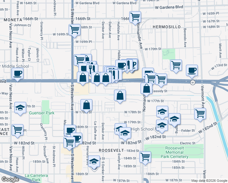 map of restaurants, bars, coffee shops, grocery stores, and more near 1548 West Artesia Square in Gardena