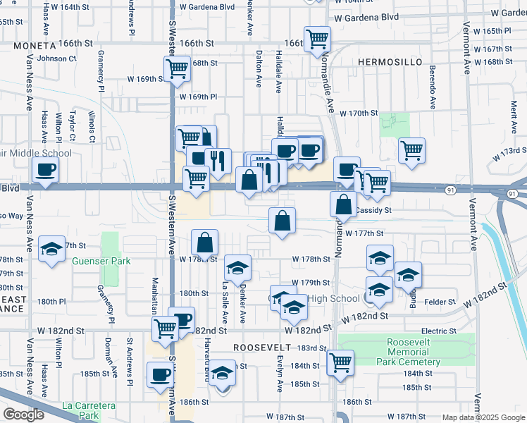 map of restaurants, bars, coffee shops, grocery stores, and more near 1558 West Artesia Square in Gardena