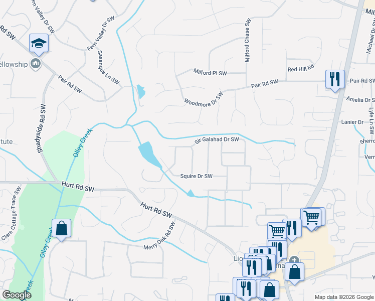 map of restaurants, bars, coffee shops, grocery stores, and more near 3300 Ben Hill Street Southwest in Marietta