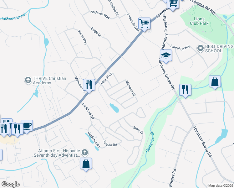 map of restaurants, bars, coffee shops, grocery stores, and more near 5910 La Chateau Place in Tucker