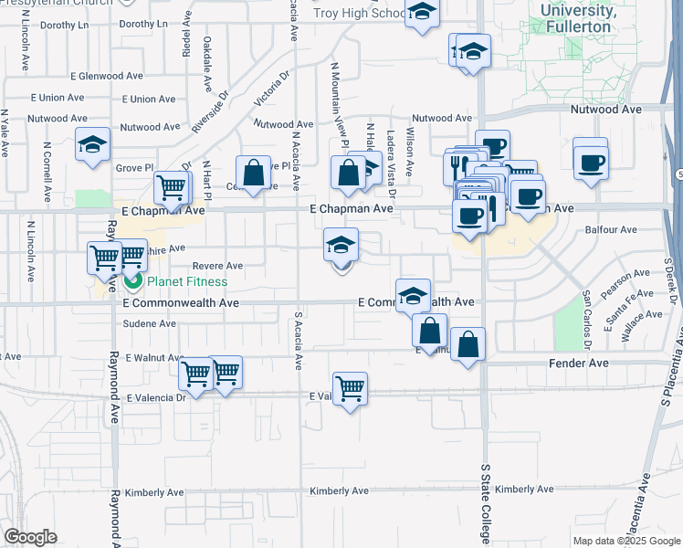 map of restaurants, bars, coffee shops, grocery stores, and more near 1700 East Wilshire Avenue in Fullerton