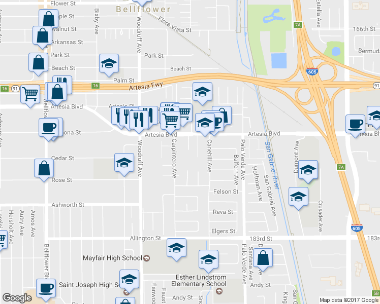 map of restaurants, bars, coffee shops, grocery stores, and more near 17638 Windward Terrace in Bellflower