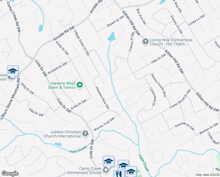 map of restaurants, bars, coffee shops, grocery stores, and more near 580 Village Green Ct SW in Lilburn