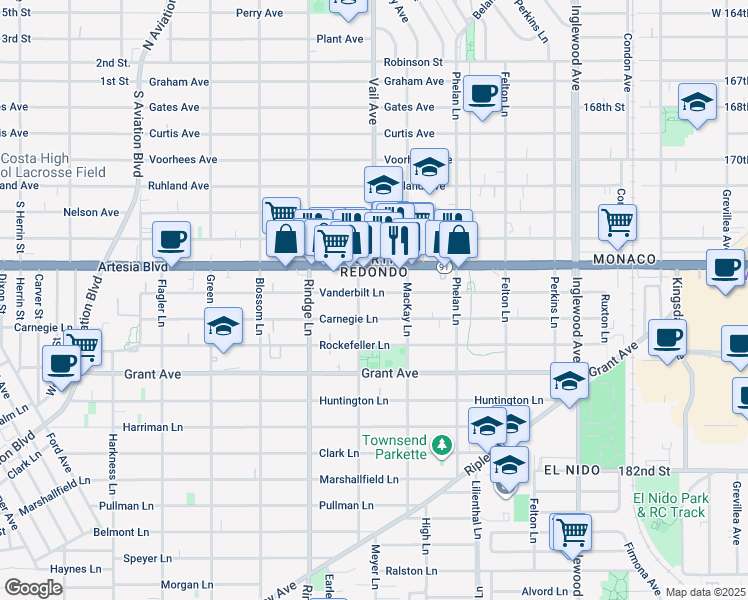 map of restaurants, bars, coffee shops, grocery stores, and more near 2306 Vanderbilt Lane in Redondo Beach