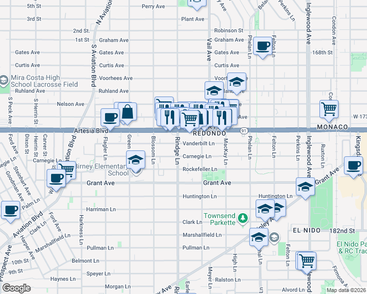 map of restaurants, bars, coffee shops, grocery stores, and more near 2200 Vanderbilt Lane in Redondo Beach