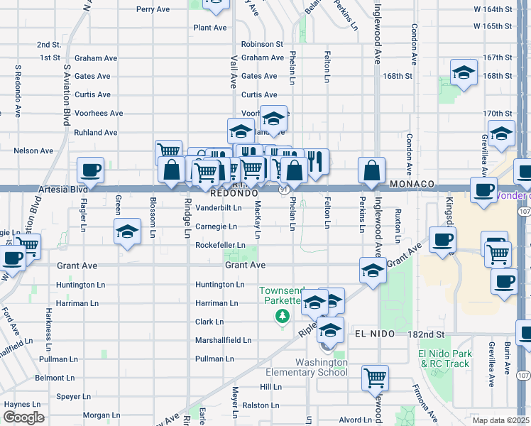 map of restaurants, bars, coffee shops, grocery stores, and more near 2404 Vanderbilt Lane in Redondo Beach