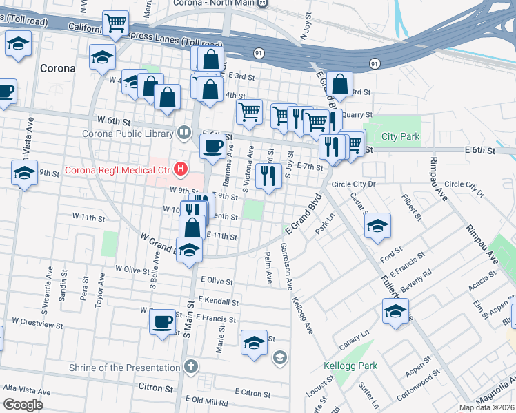 map of restaurants, bars, coffee shops, grocery stores, and more near 312 East 9th Street in Corona