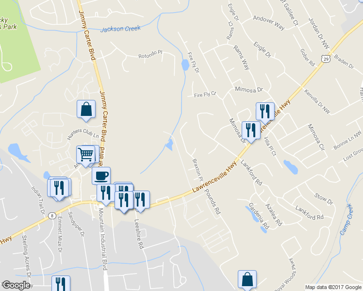 map of restaurants, bars, coffee shops, grocery stores, and more near 314 Braxton Place in Tucker