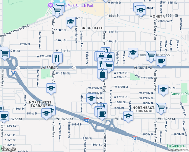 map of restaurants, bars, coffee shops, grocery stores, and more near 17512 Delia Avenue in Torrance