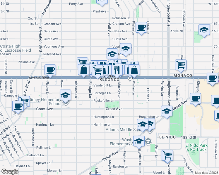 map of restaurants, bars, coffee shops, grocery stores, and more near 2306 Vanderbilt Lane in Redondo Beach