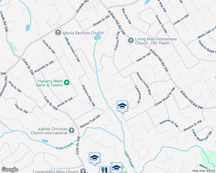 map of restaurants, bars, coffee shops, grocery stores, and more near 4537 Town Crier Road Southwest in Lilburn