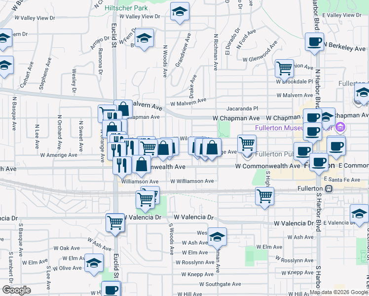 map of restaurants, bars, coffee shops, grocery stores, and more near 613 West Amerige Avenue in Fullerton