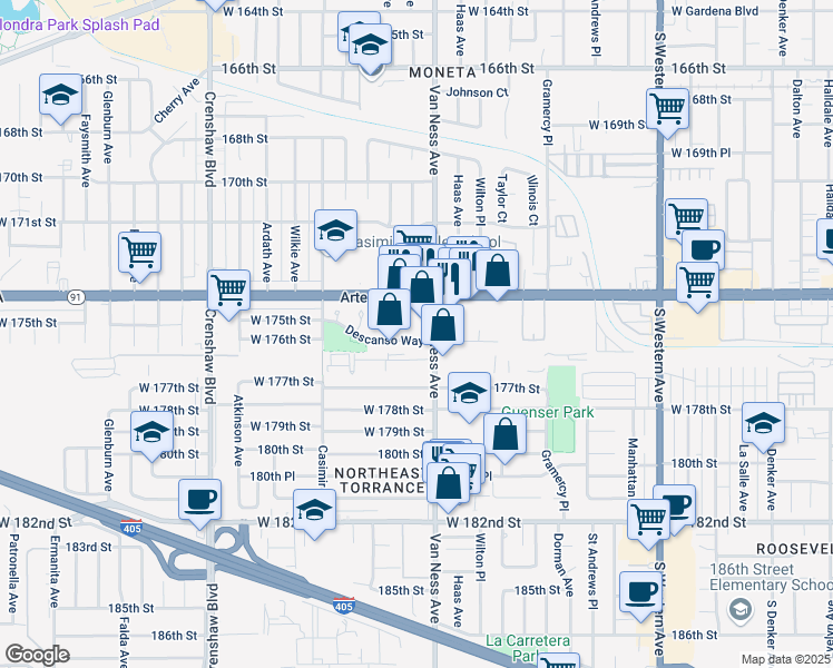 map of restaurants, bars, coffee shops, grocery stores, and more near 2213 Descanso Way in Torrance