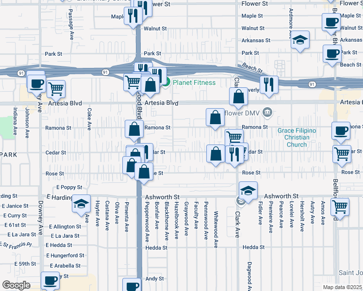 map of restaurants, bars, coffee shops, grocery stores, and more near 17646 Virginia Avenue in Bellflower