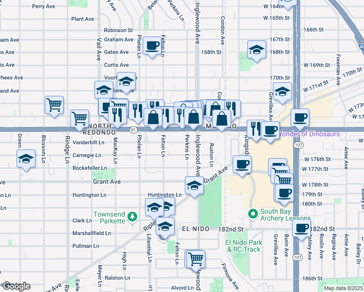 map of restaurants, bars, coffee shops, grocery stores, and more near 1806 Perkins Lane in Redondo Beach