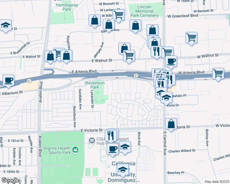map of restaurants, bars, coffee shops, grocery stores, and more near 17516 Merimac Court in Carson