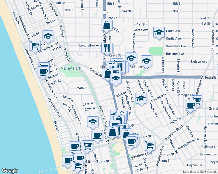 map of restaurants, bars, coffee shops, grocery stores, and more near 2420 California 1 in Hermosa Beach