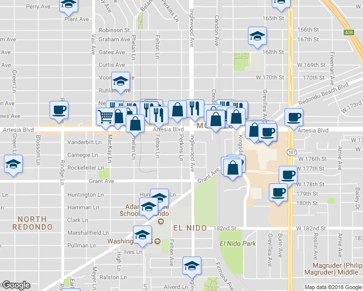 map of restaurants, bars, coffee shops, grocery stores, and more near 1808 Perkins Lane in Redondo Beach